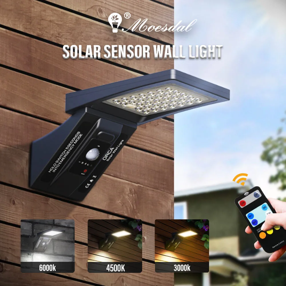 LED Outdoor Solar Wall Light IP65 Waterproof with Remote Control Motion Sensor Street Light for Courtyard Garage Garden Corridor
