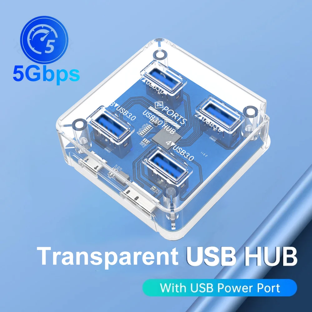 4Xusb 3.0 Hub Docking Station Usb Trasparente Adattatore Usb Splitter Supporto Alimentatore Micro Usb Esterno Per Laptop Desktop