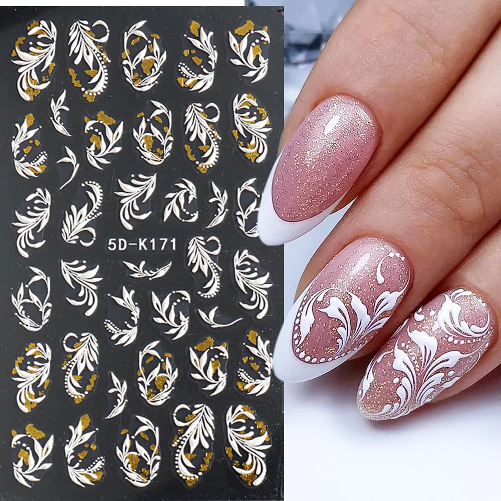 

5D Nail Sticker White Lace Wedding Bride Nail Design Acrylic Embossed Sliders Gold Leaf Bronzing Foils Monogram Decals GL5D-K171