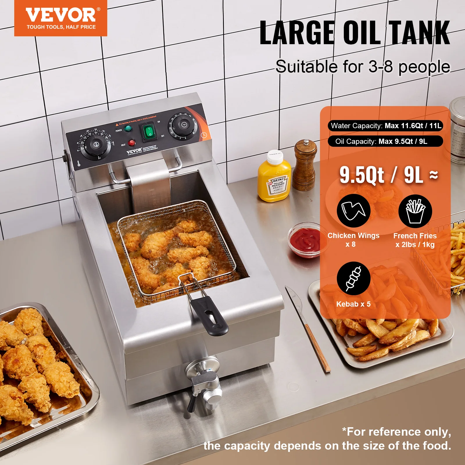 VEVOR Commercial Deep Fryer Electric Countertop Fryer with Basket 11.6Qt Stainless Steel Single Oil Fryer w/Time & Temp Control 2