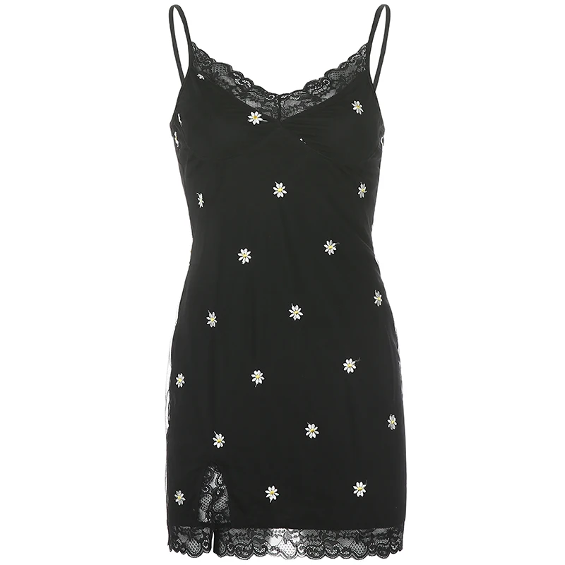 

2023 Summer Casual Streetwear Daisy Embroidery Lace Vestidos Dress Ladies Retro Sexy Sleeveless Slit Deep V-neck Mini Dress