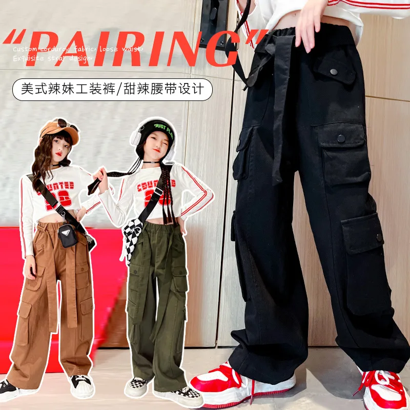 

Cargo Pants Baggy Jeans Girls Fashion Streetwear Pockets Wide Leg High Waist Straight Kids Denim Trousers Overalls For Children