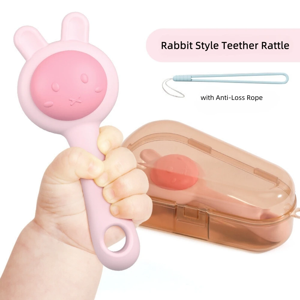 Teether Rattle Toy for 18M+, Food Grade Silicone Rabbit Bear Animals Toy, Sensory Toys for Toddlers, Travel Toys for Babies 5