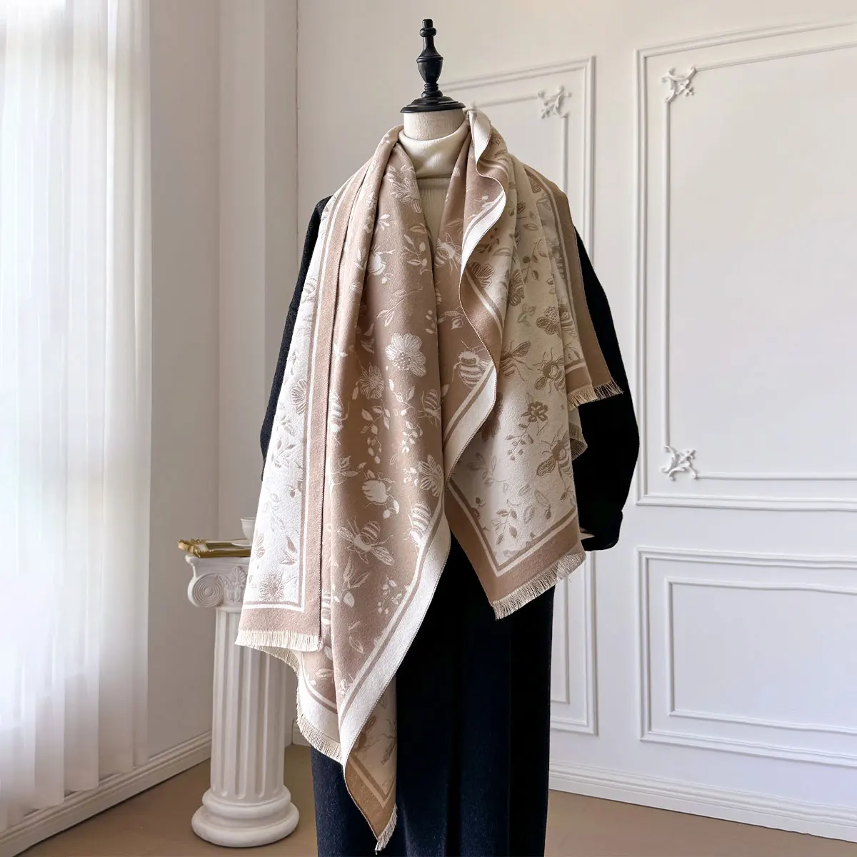 New Bee and Floral Design Winter Imitation Cashmere Jacquard Scarves High Quality Women Thick Shawl Ladies Wool Pashmina Scarf