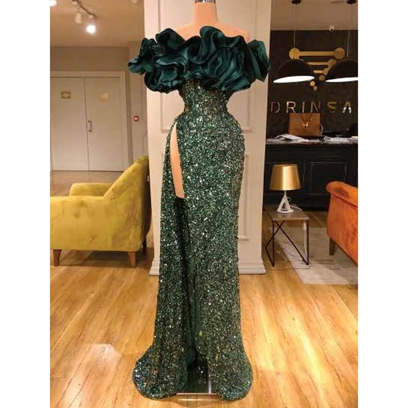 

Sexy Prom Dresses Side Slit Off-The-Shoulder With Ruffles Formal Sequined Evening Gowns For Women Custom Made Robes De Soirée