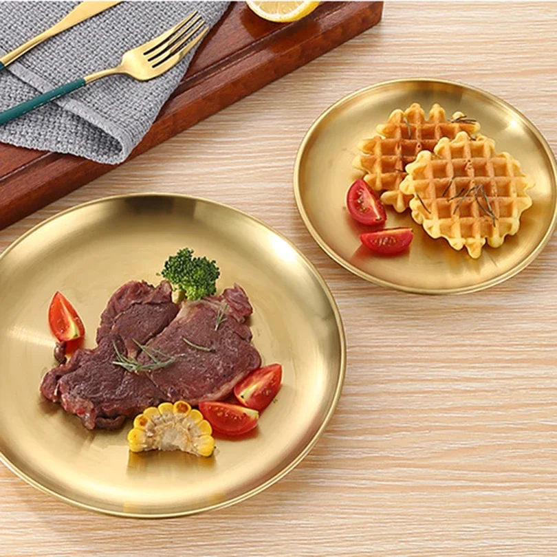1pc Thickened New Stainless Steel Disc Golden Cafe Tray Dining Disc Fruit Meat Dessert High Quality Round Plate  Shallow Tray