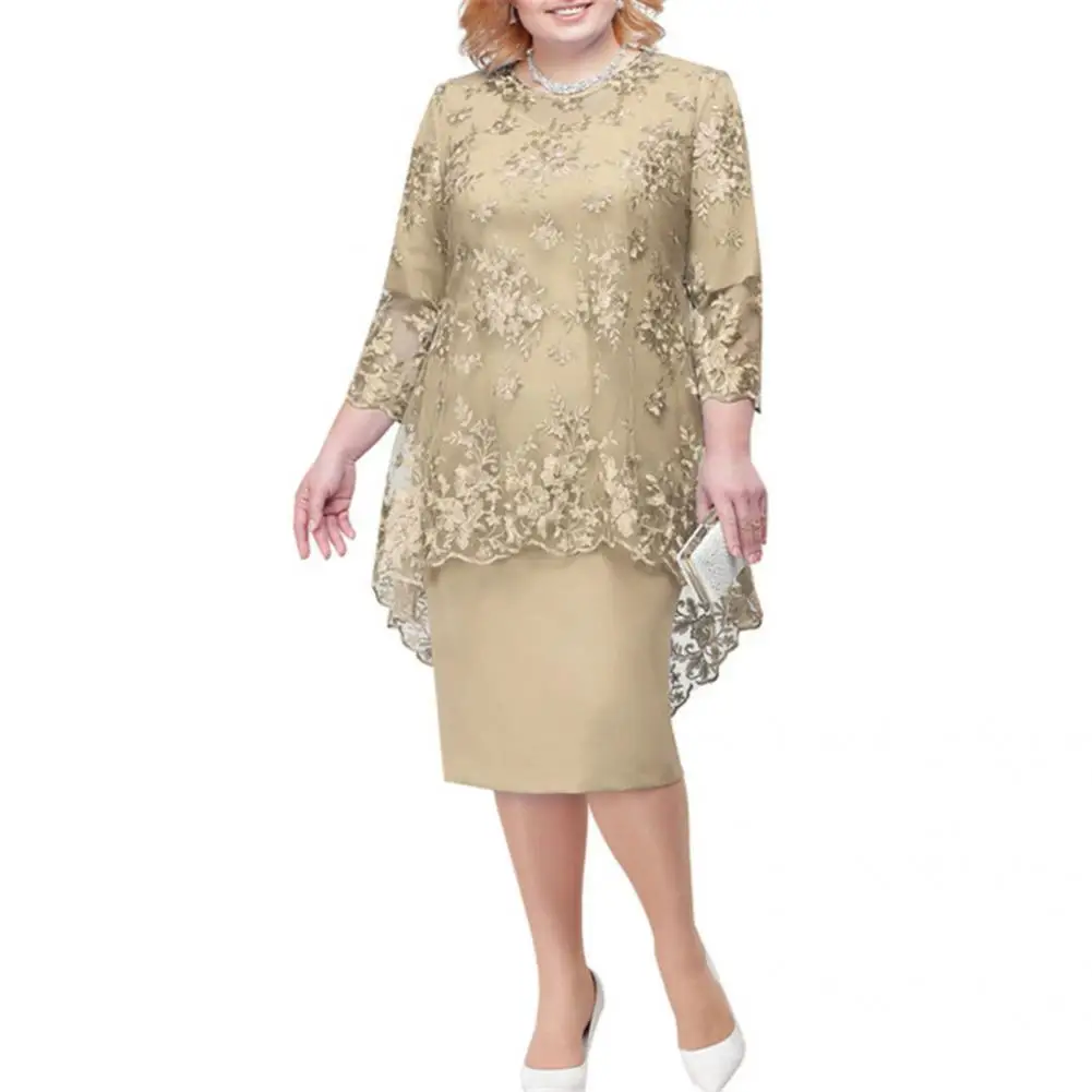 

Attractive Lady Dress Soft Texture Midi Dress Slim 3/4 Sleeve Lace Evening Dress Mid-Calf