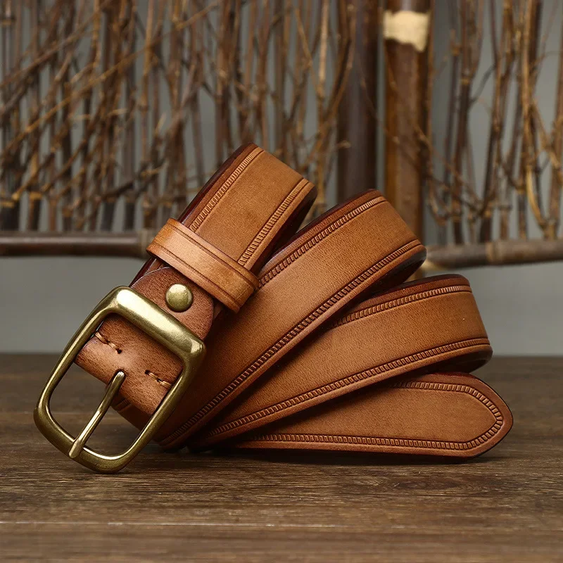 

3.3CM Fashion Male Cowhide Genuine Leather Belt Luxury Embossing Designer Belts Men Copper Buckle Jeans Strap For Man Cowboy