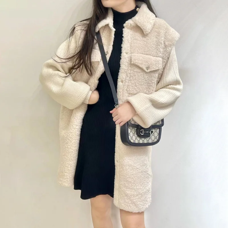 

Women Coat Lamb Wool Splicing Stitching Winter New Turn-Down Collar Buttons Long Sleeve Casual Jacket