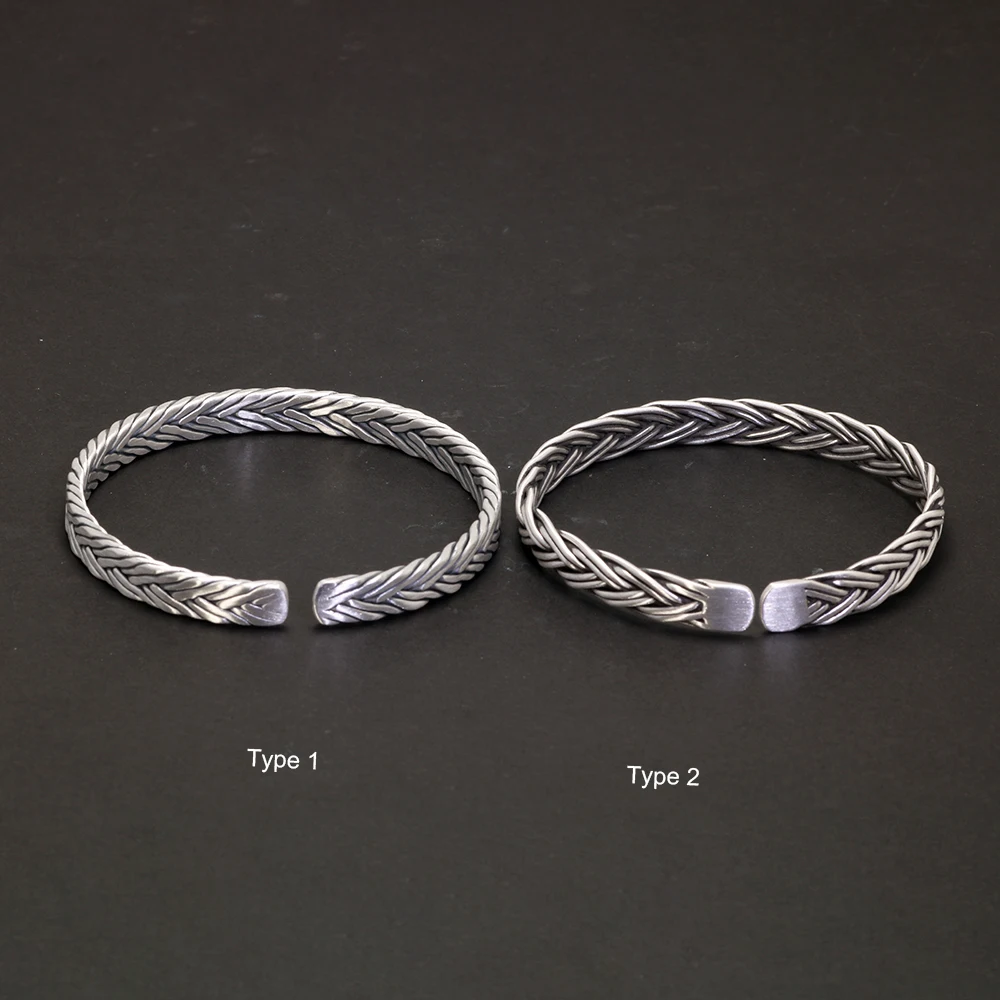 Genuine 999 Sterling Silver Braided Twist Open Bangle Cuff Links
