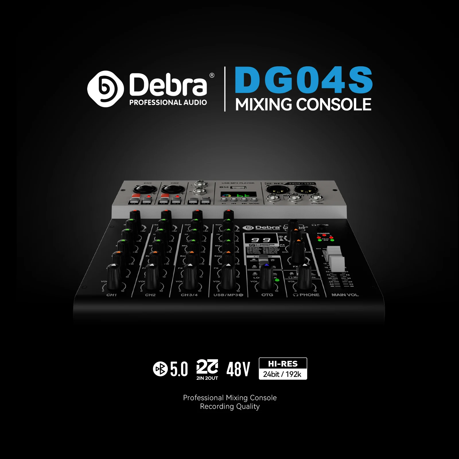 Debra DG04S Professional 4-channel Mixer Sound Card OTG Recording Output USB,Blu