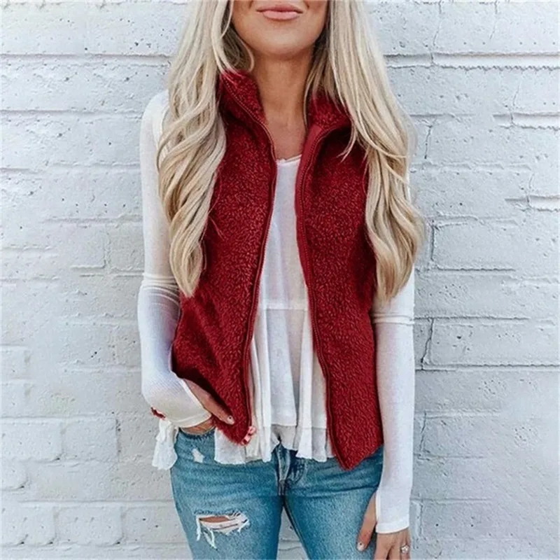 2023 Autumn and Winter Women's Standing Neck Pocket Zipper Solid Loose Plush Vest Fashion Casual Elegant Cardigan Coat Tops