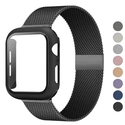 Sleek Milanese Loop Apple Watch Band with Tempered Glass Cover for Series 9 - 8 - 7 45mm (Black Black )