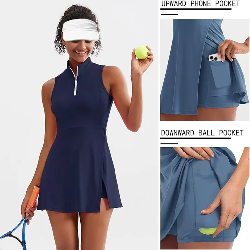 Women Dress Sports Clothing Summer Tennis Dress Fitness Shorts Suit Running Slimming Soft Sports Yoga Sets Outdoor Zipper Badminton Golf Skirt