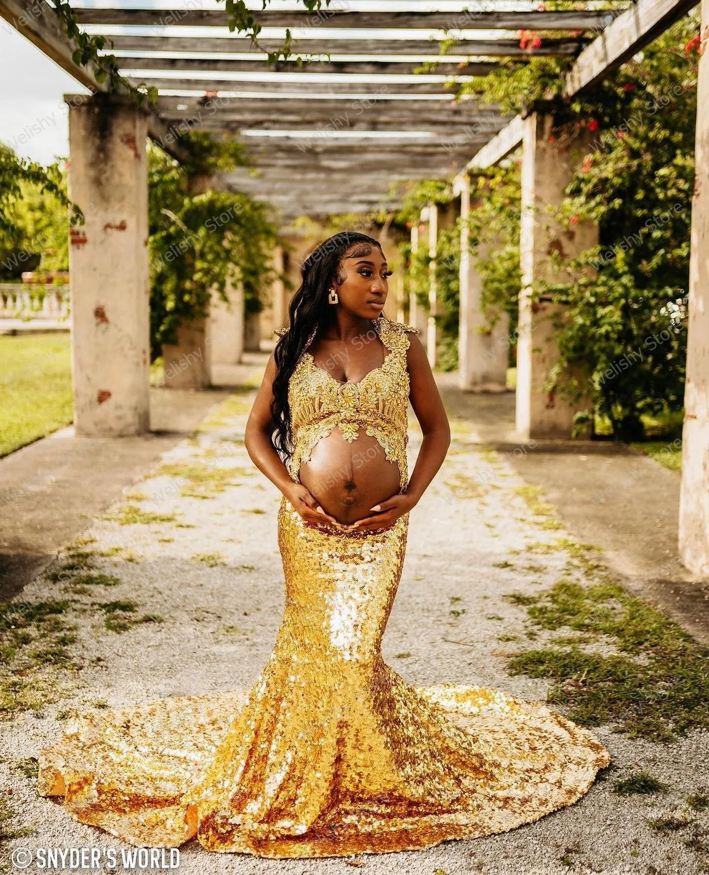 Luxury Gold Lace Appliques Aso Ebi Maternity Dress Shiny Sequins Round  Train Long Mermaid Pregnancy Dresses To Photo Shoot