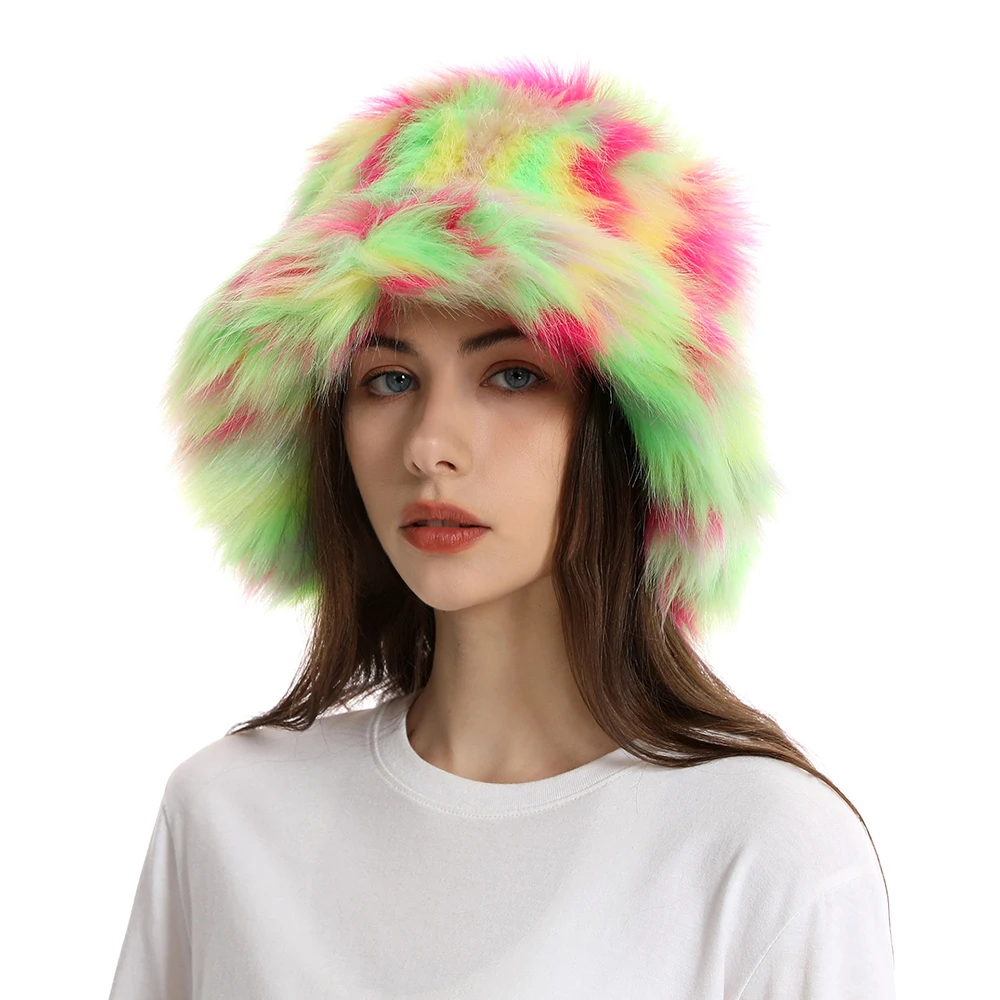Winter Warm Faux Fur Bucket Hats For Women Outdoor Caps Soft Fleece Fisherman Cap Fluffy Earwarmer Ski Vacation Hats