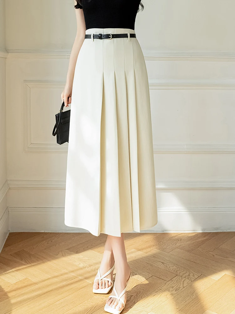 Black Beige Gray Pleated Long Skirts For Woman Autumn