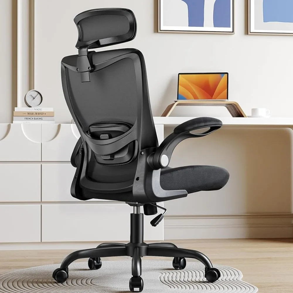 

Ergonomic office chair, home office chair with adjustable headrest and lumbar support, mesh office chair with flipping armrests