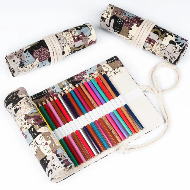 48 Holes Canvas Roll Up Pencil Case School Students Supplies Brush Pen Bag  Cute Pencil Cases Stationery - AliExpress