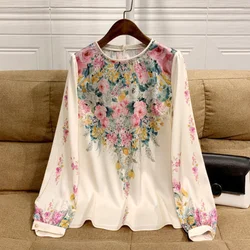 Chiffon Floral Women's Blouses Summer 2023 Printing Long Lantern Sleeves Shirts Loose Casual Korean O-Neck New Top YCMYUNYAN