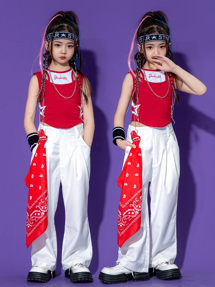 

Girls Jazz Dance Costume Red Vest White Pants Kids Hip Hop Clothes Summer Kpop Performance Wear Modern Dance Clothing BL10474
