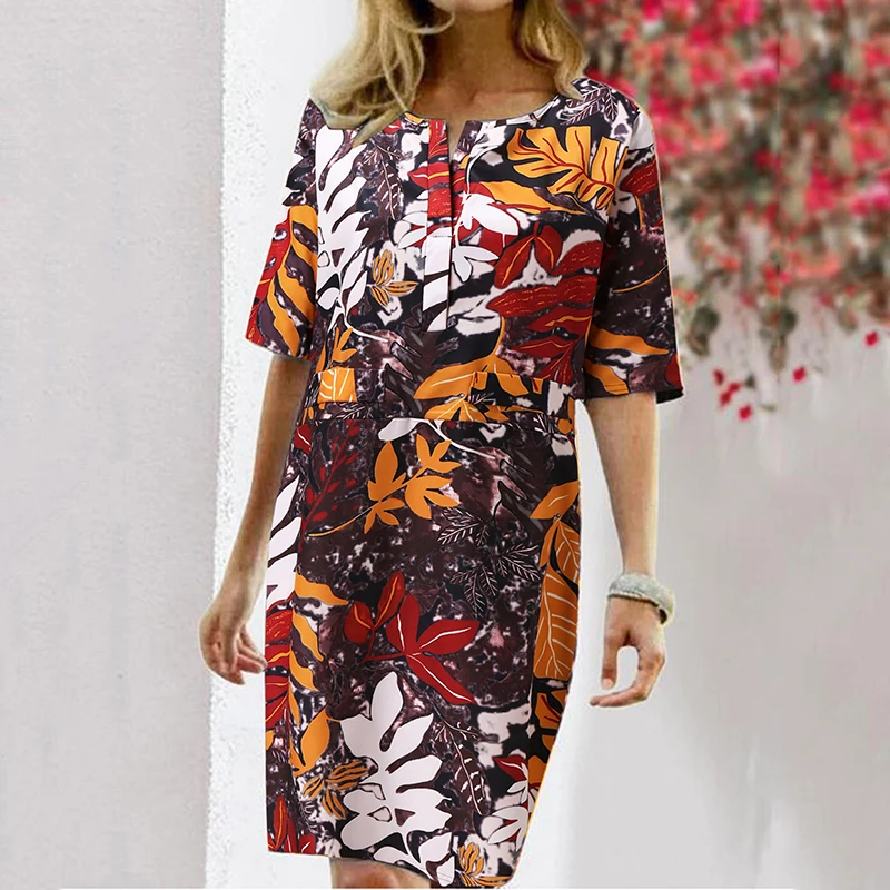 

2023 Autumn Cotton Linen Women's Dress Vintage Casual V-Neck Half Sleeve Floral Print Office Ladies Loose Waist Pullover Dresses