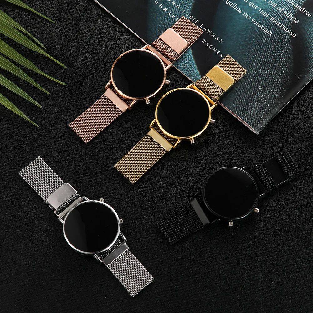 Luxury Rose Gold Digital Red LED Dial Watches For Women Stainless Steel Belt Quartz Watch Ladies Magnet Clock Drop Ship