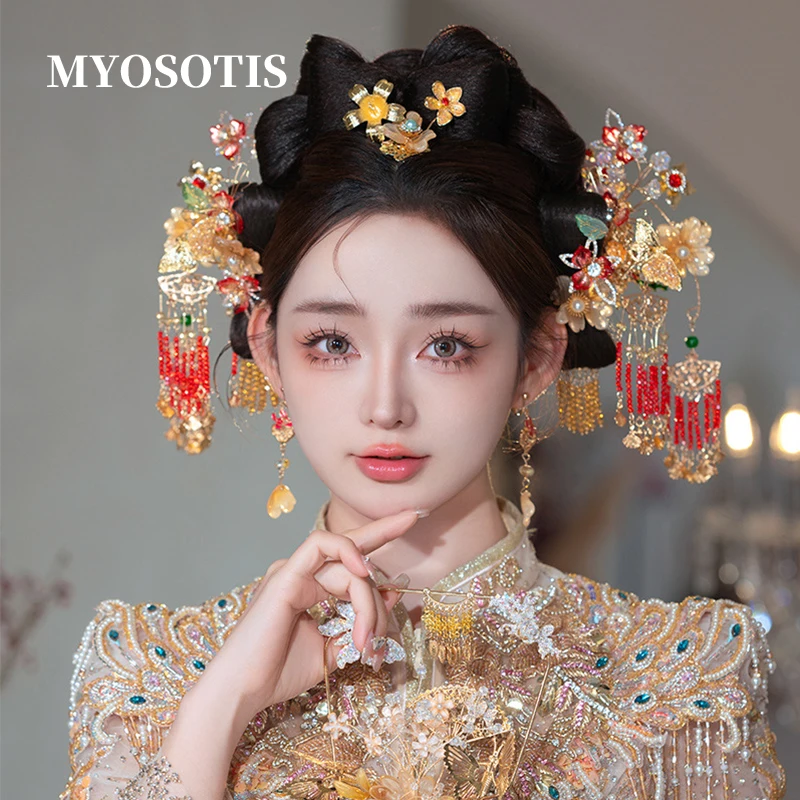 

Vintage Chinese Style Bridal Headdress Flowers Tassels Xiuhe Dragon and Phoenix Gown Cheongsam Hanfu Headpiece Accessories