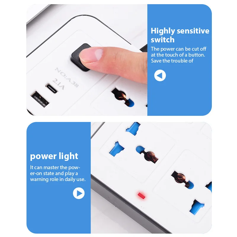 Power Strip Multi Tap Universal Plug EU US UK Outlet With 2m Extension Cord AC Type C USB Port Charge Electrical Socket
