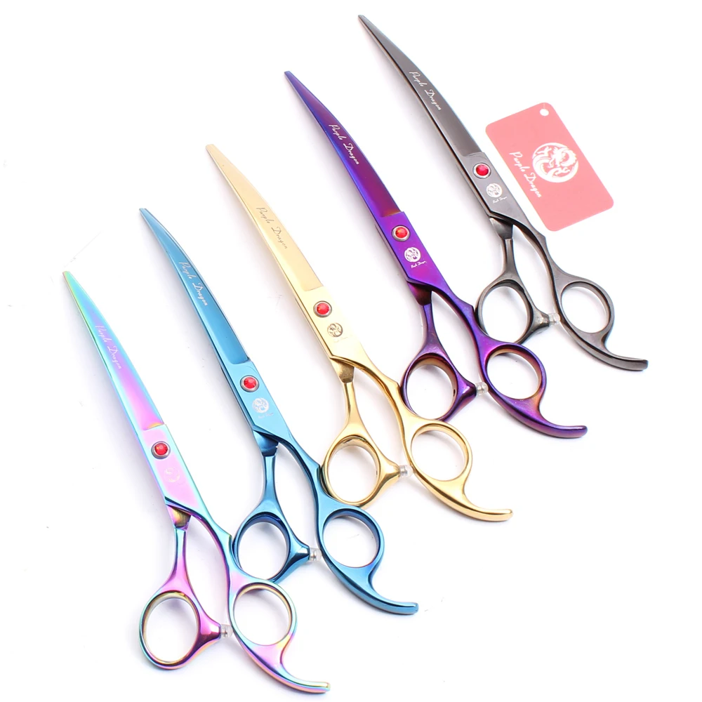 Purple Dragon 7.5" 8" Stainless Dog Grooming Scissors Pet Chunker Scissors Thinning Shears Curved Shears Set Z3005