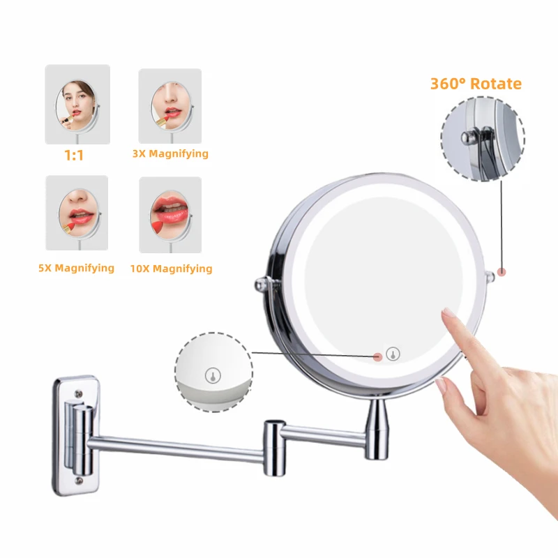 Wall Mounted Folding Arm Extend Bathroom Mirror With LED Light 10X Magnification Double Side Touch Dimming Makeup Mirrors 6