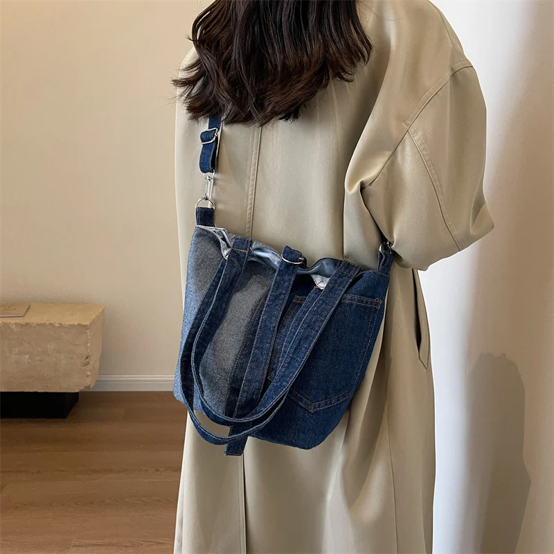 Patchwork Denim Women's Bag Detachable Strap Shoulder Bag New Jeans Messenger Bag Y2K Eco Bag Korean Satchel Bucket Handbag Tote