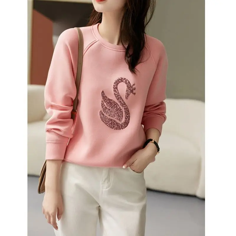 Fashion Women's Sequined Spliced Solid Pullovers Autumn Winter Korean All-match Round Neck Loose Sweatshirts Female Clothing