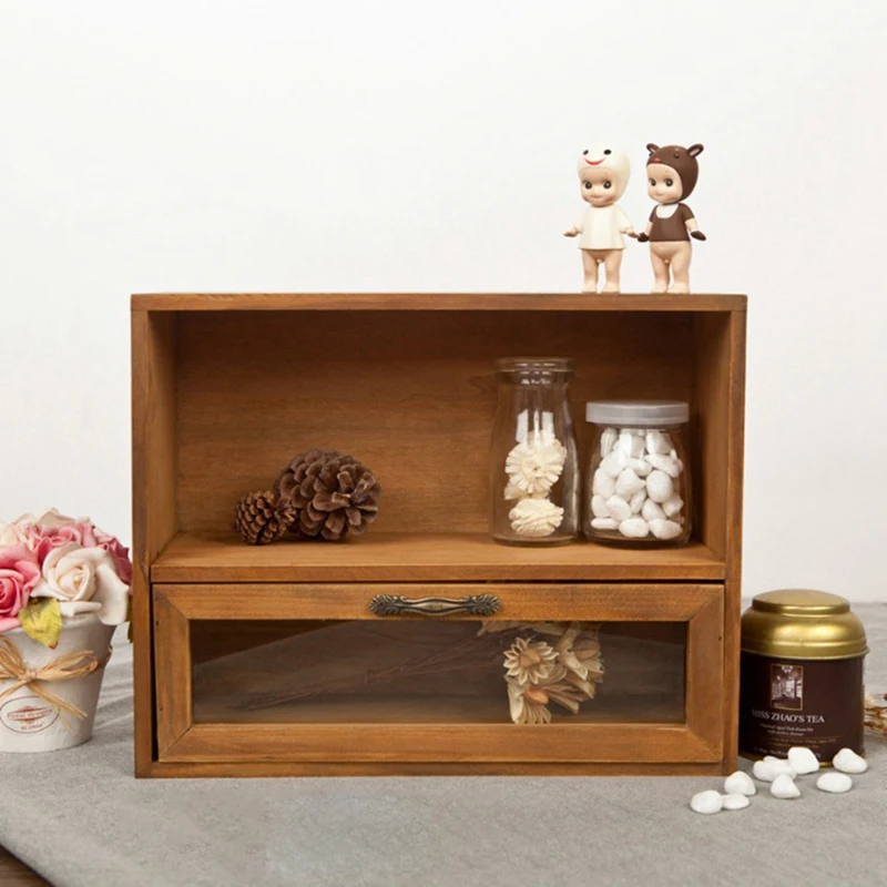 Coreano Ins Wind Retro Old Wood Storage Cabinet Cassetto Tipo Desktop Rack Cosmetici Profumo Storage Cassetti Storage Box
