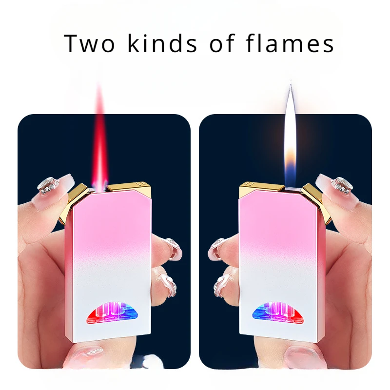 

LED Light Transparent Gas Tank Lighter Gradient Color Two Flame Inflatable Lighters Smoking Accessories Windproof Lighter