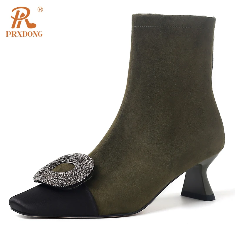 

PRXDONG Top Qulaity 2023 New Autumn Winter Ankle Boots Med Heels Black Green Crystal Zipper Dress Party Female Shoes Size 33-40