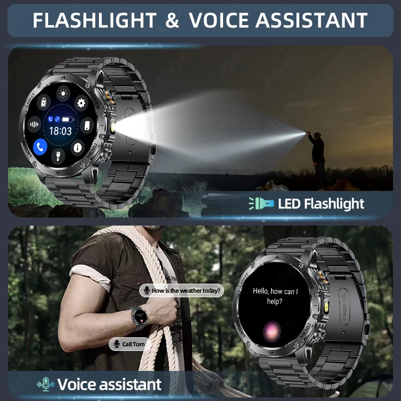 LIGE T-REX3 1000mAh Large Battery Durable Adult Smart Watch GPS Strong Flashlight 10ATM Waterproof BT Call Sports Smartwatch Men