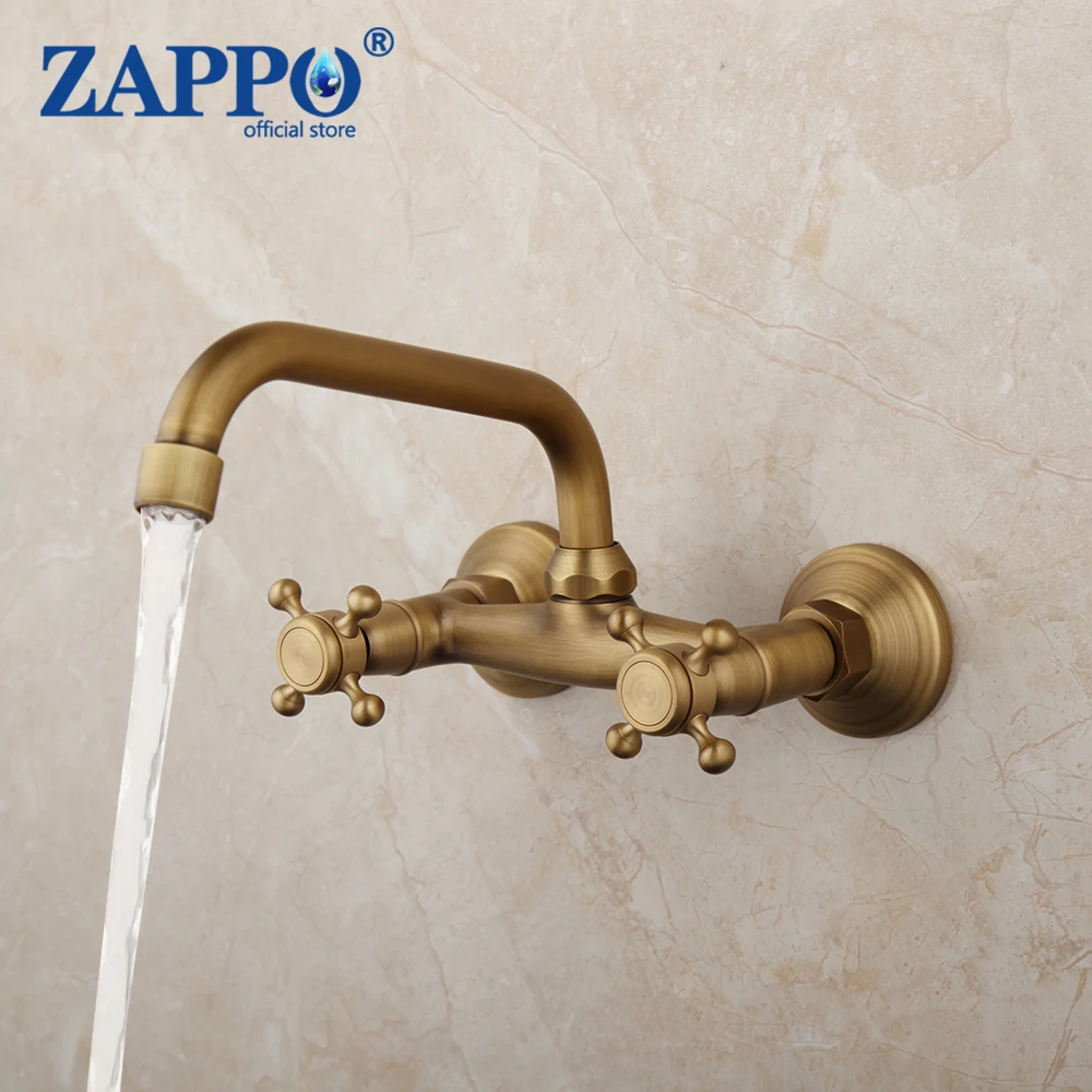 ZAPPO Antique Brass Bathroom Basin Faucets Hot and Cold Water Mixer Wall Mounted Dual Handles  360 Swivel Faucet Tap