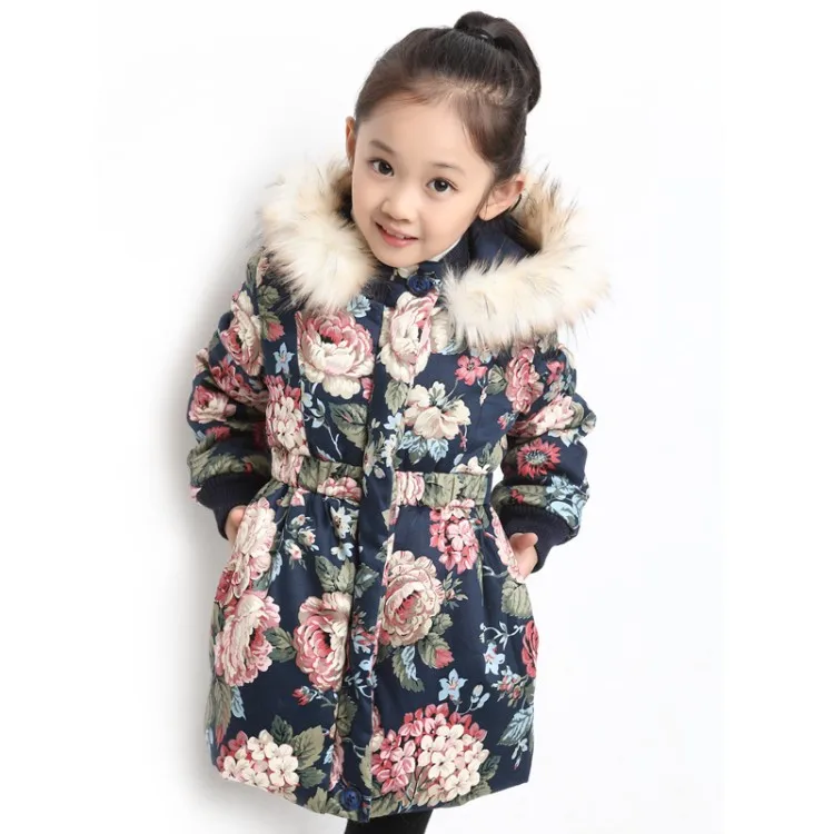 

2024 autumn and winter new girls' cotton-padded coats children's long fur collar printed cotton-padded coats tide