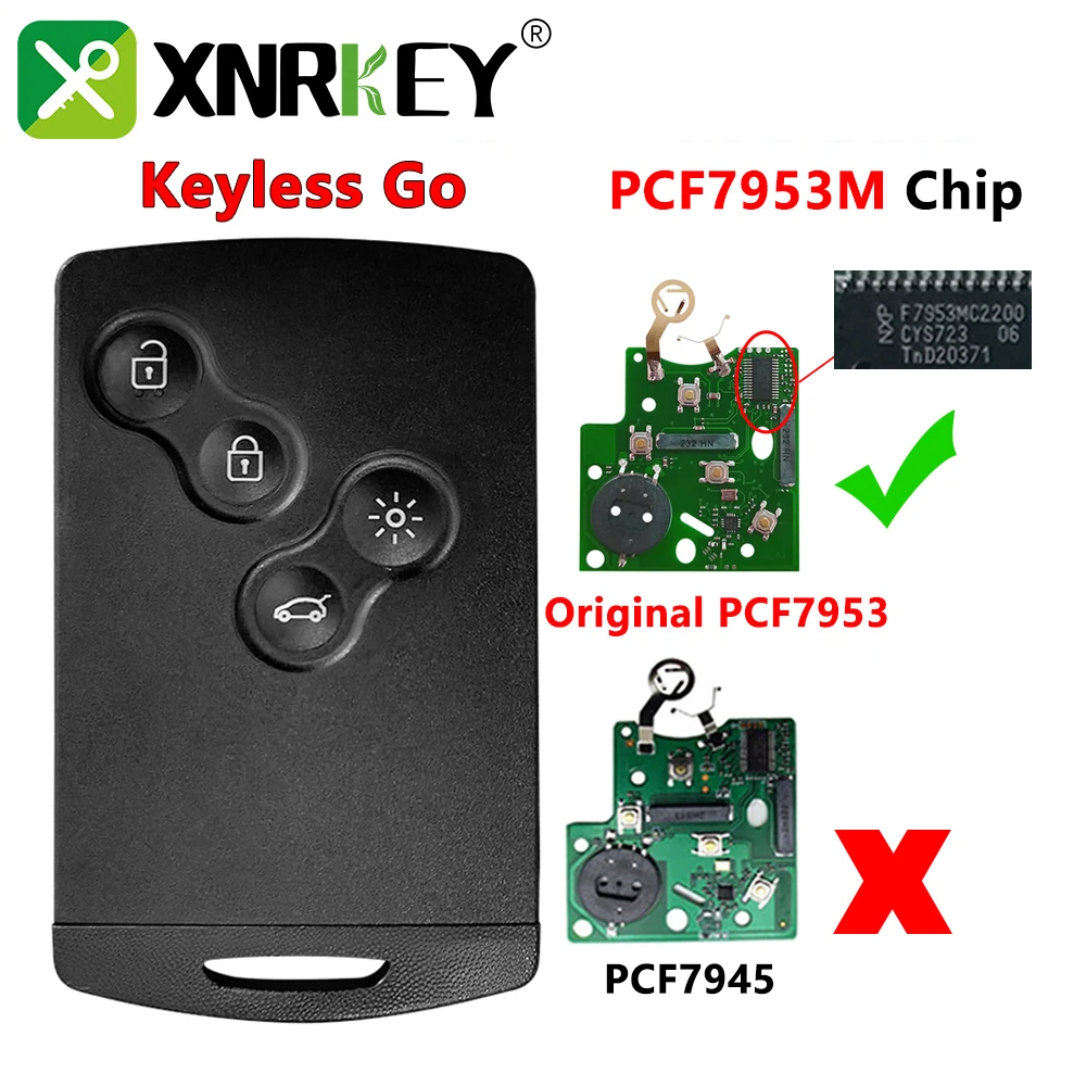 XNRKEY 4B Smart Card Car Key PCF7953/4A Chip 433Mhz for Renault Clio 4 Captur Passive Keyless Go Entry Remote HandsFree System