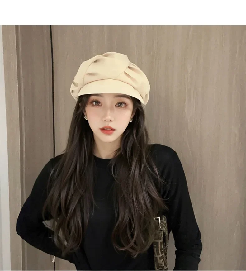 

New fashion show face small pleated cap beret everything cloud sense metal label soft hat street simple painter hat