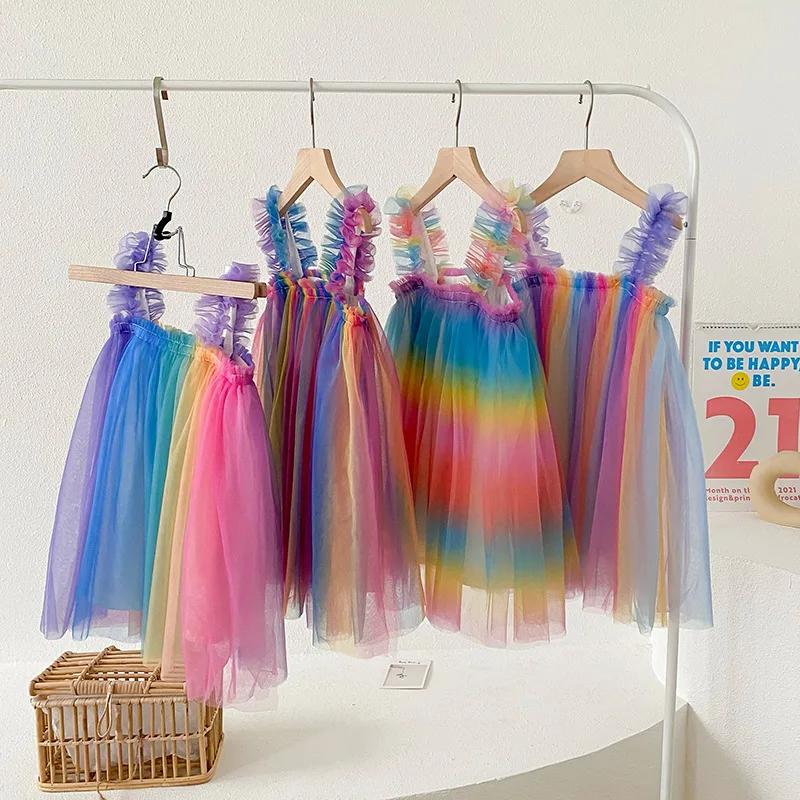 

Korean Style Children Gradient Mesh Girls Princess Dress Rainbow Yarn Dress Sleeveless Camisole Dresses For Kids Aged 1-5Y