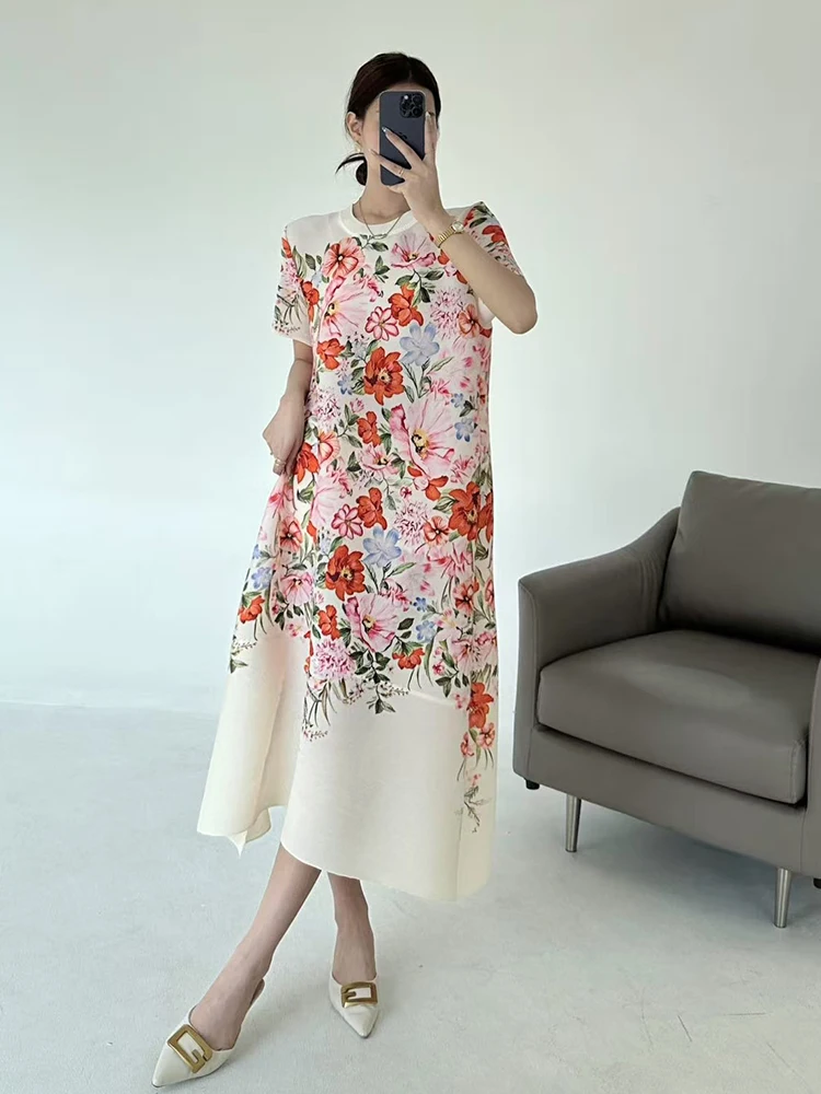 LANMREM Vacation Style Printting Short Sleeve Women's Dress 2025 New Summer Loose Elastic Round Collar Pleated Dresses 2DB3436 - Image 3