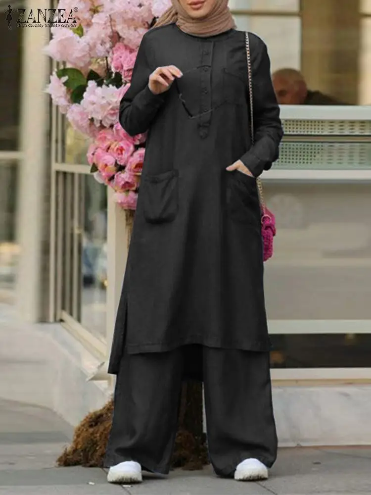 2023 ZANZEA Spring Women Solid Muslim Sets Long Sleeve Tops Wide Leg Pant 2PCS Casual Suit Casual Loose Party Outifits Oversized