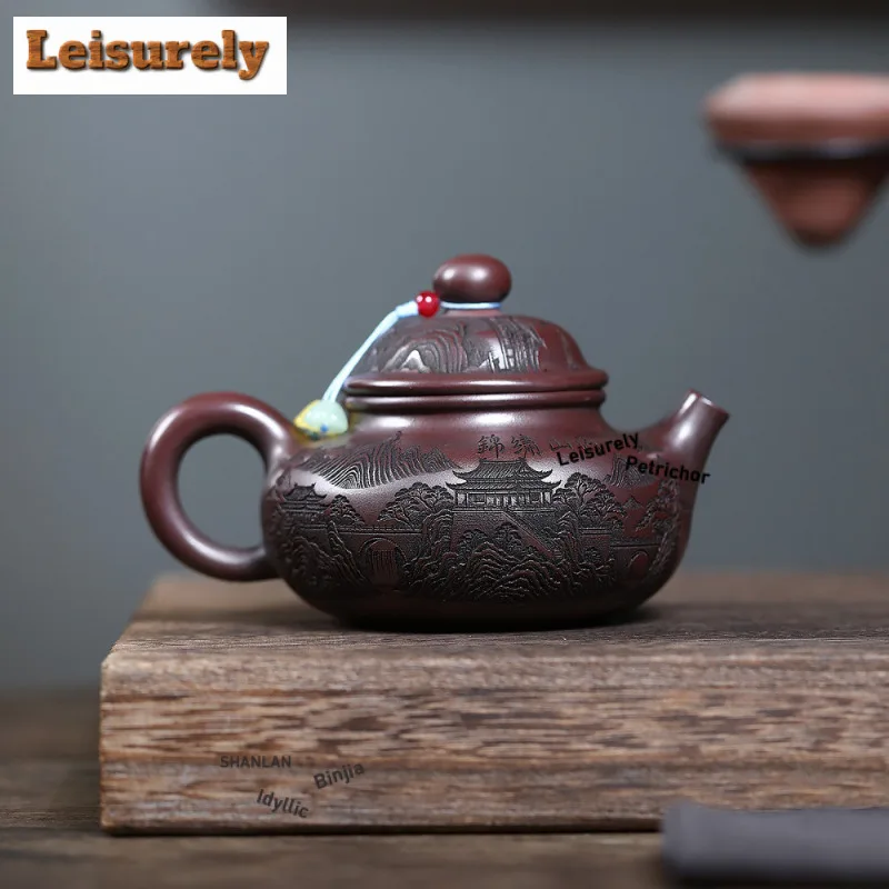 300ml Yixing Purple Clay Teapots Famous Artists Handmade Carved Pot Raw Ore Antique Brass Mud Tea Maker Kettle Zisha Tea Set
