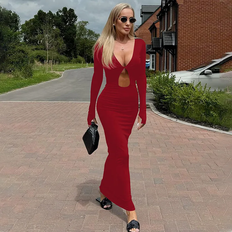 Hollow Out Slim Sexy Maxi Dress For Women V-Neck High Waist Fashion Patchwork Autumn Party Dress Female Black Dress