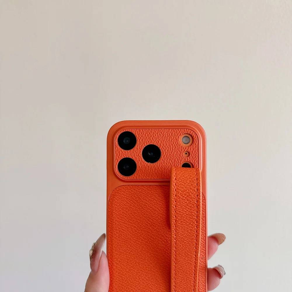 Matte PU Leather Wrist Strap Phone Case with Hand Band Holder and Shockproof Texture Cover