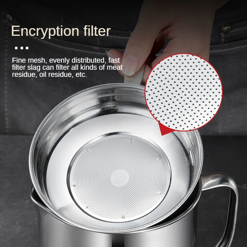 304 Stainless Steel 1.8L Oil Filter Bacon Grease Filter Jar Container Water Tank Large Capacity Storage Kitchen Cooking Tools Food Storage Container Stainless Steel Oil Pot Oil Container
