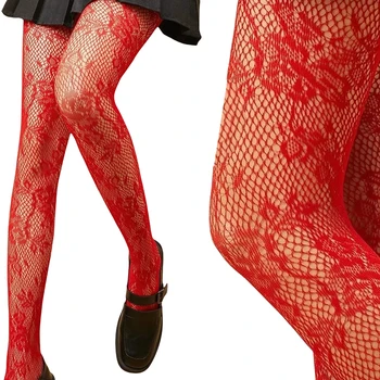 Collant a rete in pizzo colorato con motivo rami da donna alla moda Y2K Ramo con motivo a foglie Collant a rete rossi da donna 1