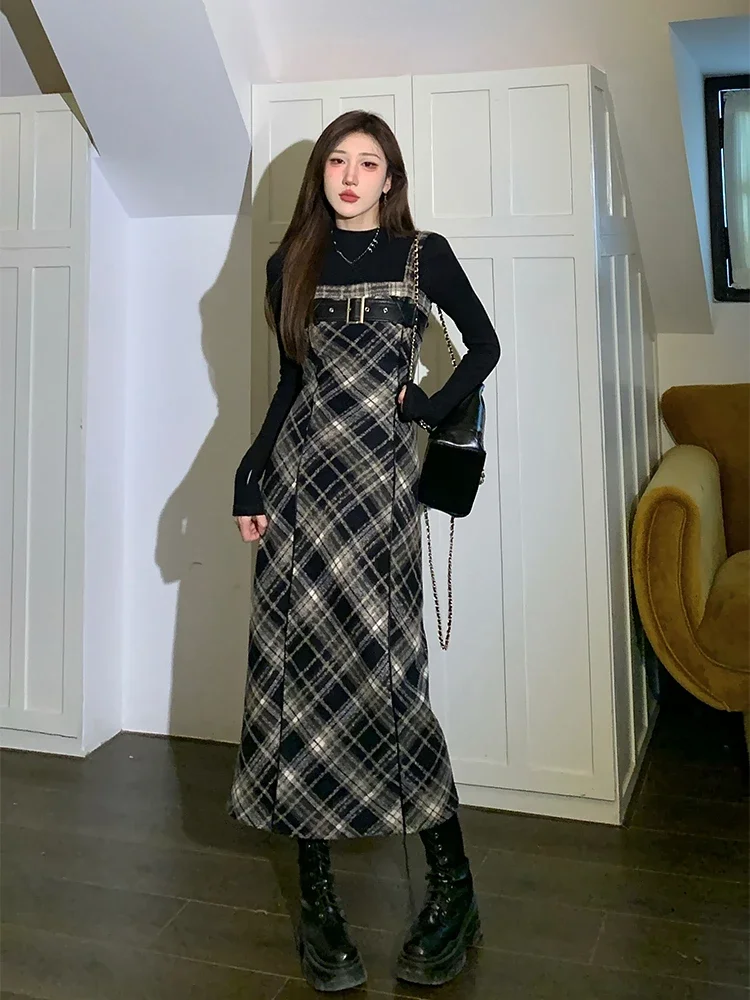 2024 Autumn Elegant Plaid  2 Piece Dress Set Women Outwear Casual Black Blouse + Vintage Slim Strap Dress Korean Fashion Suit